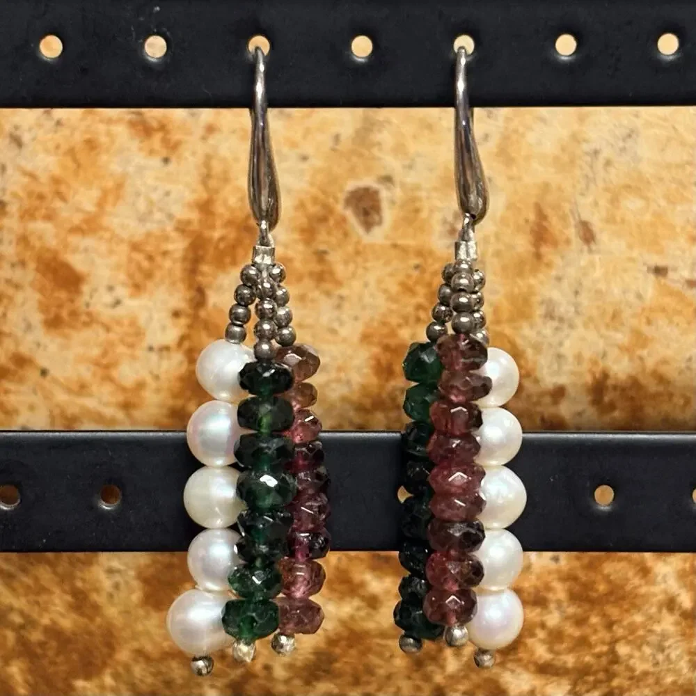 Sterling Silver Freshwater Pearl & Tourmaline Earrings Dangle Fishhooks Vintage